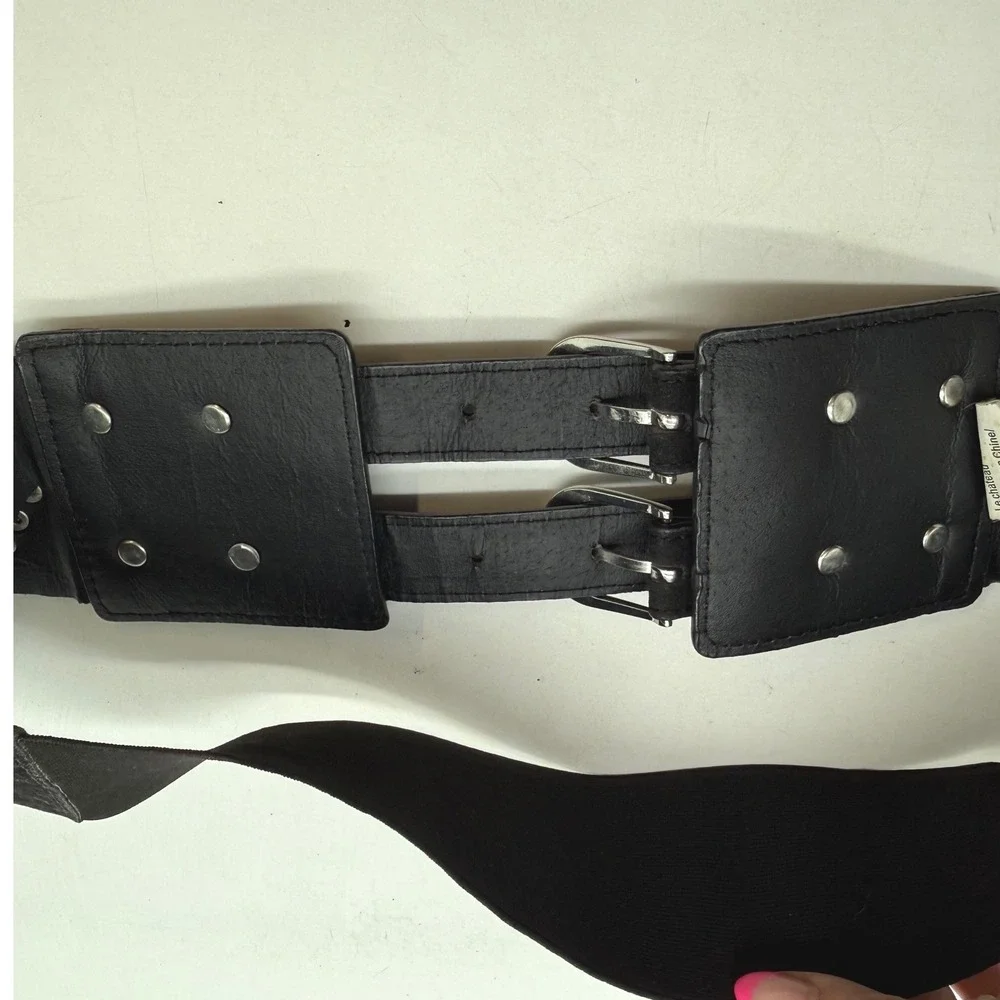 Le Chateau Black Studded Elastic Cinch Belt Double Buckle M Y2K goth moto biker‎